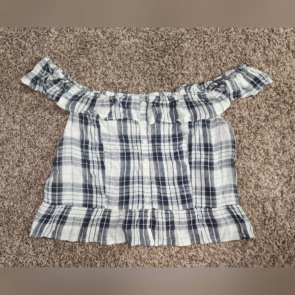 American Eagle Size XXL Plaid Crop Top Off The Shoulder Button Up Black White